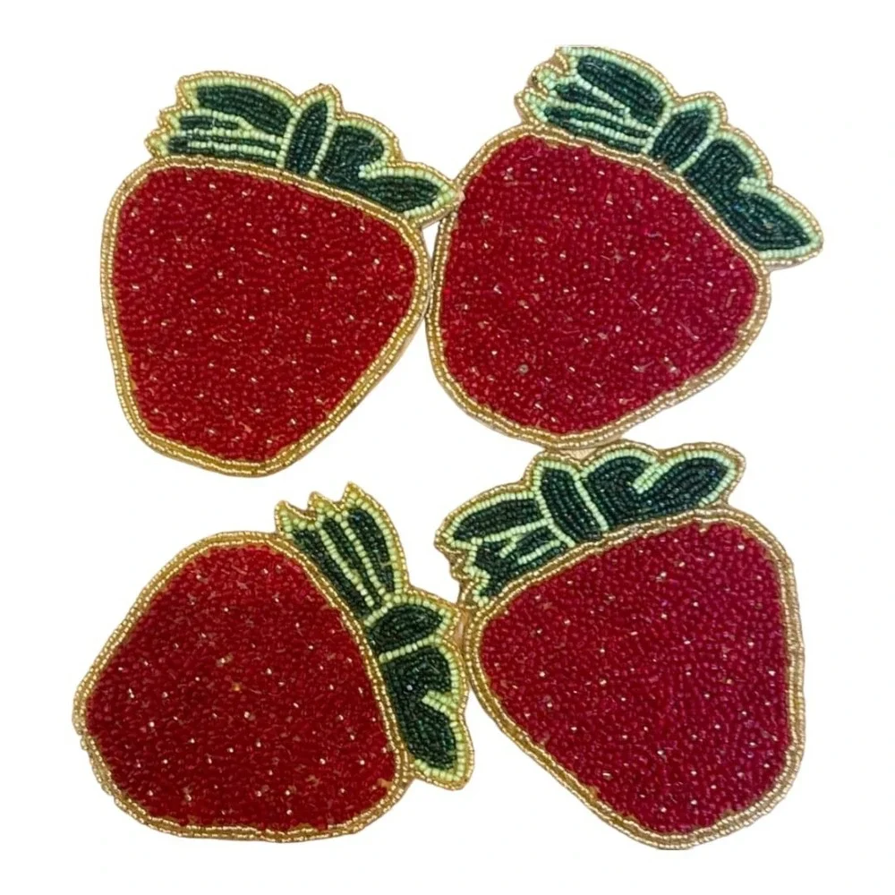 CLOUD9 DESIGN Strawberry Shaped Red  Hand Beaded Glass Coasters Set‎ of 4